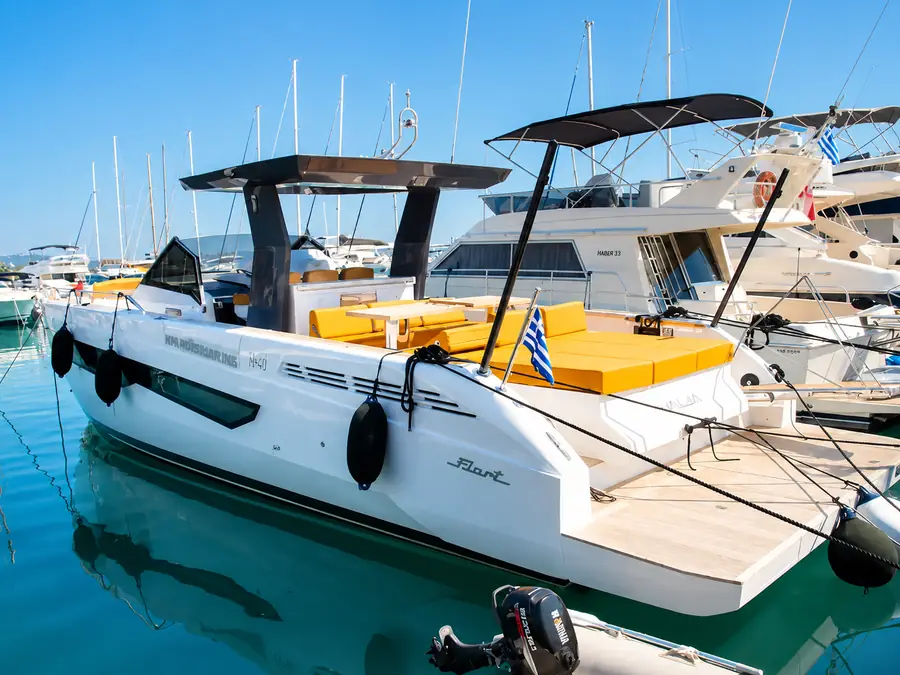 Luxury motorboat docked in an Athens marina, Boat4all fleet