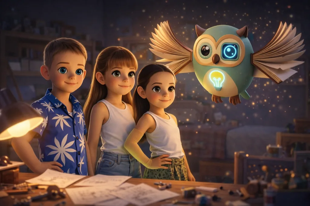 WiseBot the owl with three young explorers