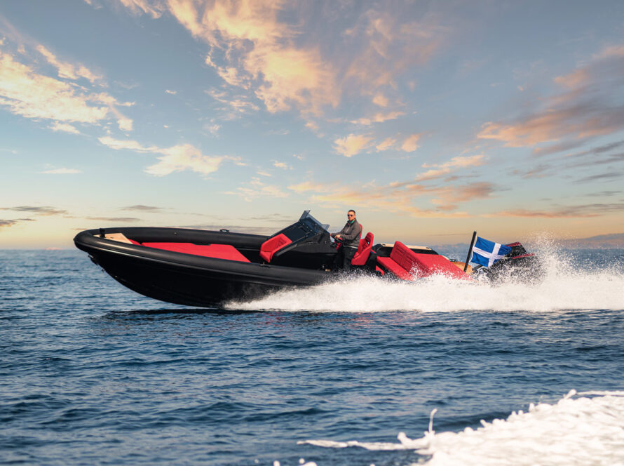 Eros, a 10.44-meter luxury RIB, gliding through the sea with elegance, its twin engines promising speed and its deck exuding luxury, ready to transform your Greek island adventure.
