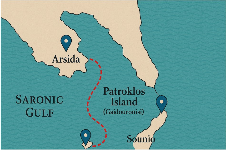 map showing itinerary of Arsida, Patrokos and Sounio boat trip